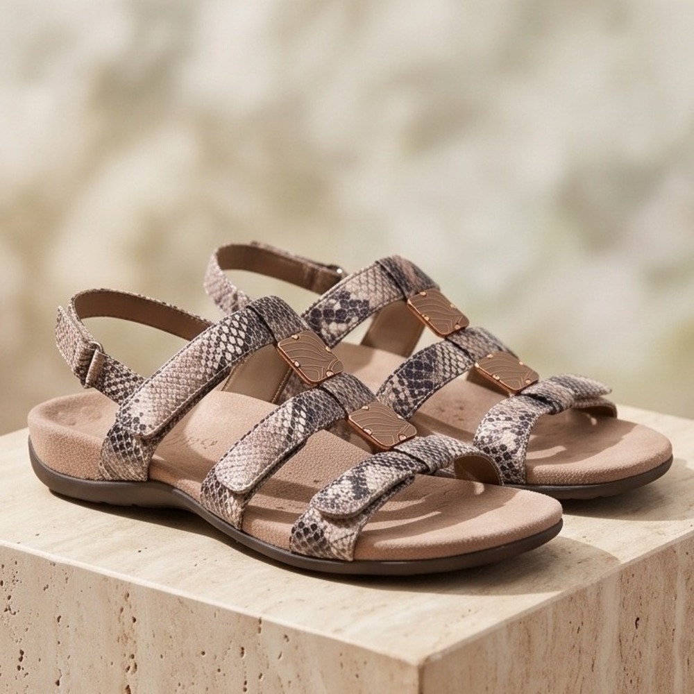 Vionic 7 Amber Snake Print Orthotic Sandals Brown Tan Adjustable‎ Straps